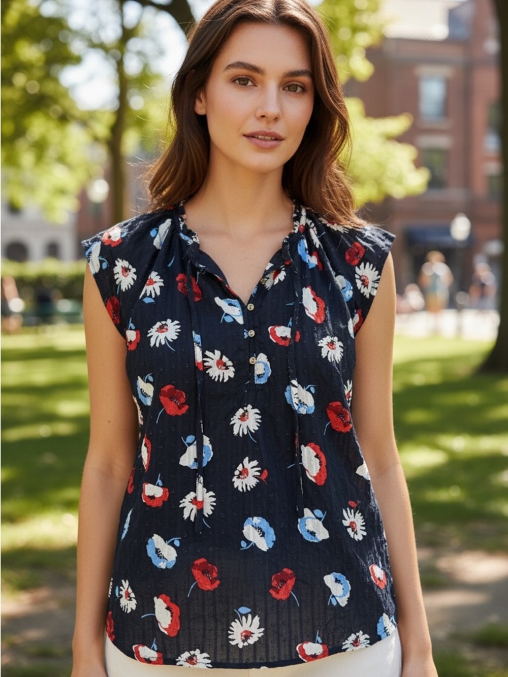 LOFT Navy Floral Pintuck Sleeveless Blouse